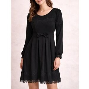 Ank Rouge Women's Black Lace Long Sleeve Bow Pleated Mini‎ Dress Size M NWOT